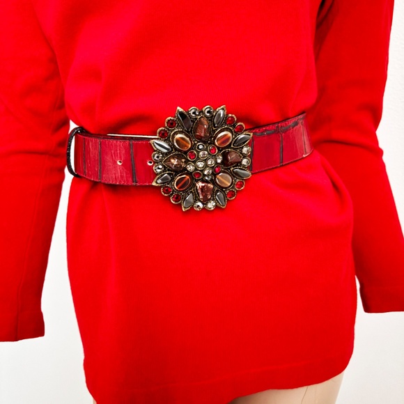 Leatherock Wide Belt Gem Embellished Buckle Red Croc Stamp Leather Strap Size 32 - Picture 4 of 11